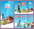Real estate brochure. Printing banners with happy property buyers big buildings and house rent service company vector