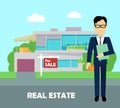 Real estate broker at work. Building for sale Royalty Free Stock Photo