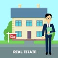 Real estate broker at work. Building for sale Royalty Free Stock Photo