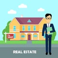 Real estate broker at work. Building for sale Royalty Free Stock Photo