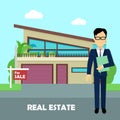 Real estate broker at work. Building for sale Royalty Free Stock Photo