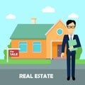 Real estate broker at work. Building for sale Royalty Free Stock Photo