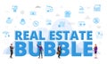 Real estate bubble concept with big words and people surrounded by related icon spreading with modern blue color style