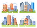 Real estate buildings. City houses cityscape, town apartment house building and urban residential district vector illustration set Royalty Free Stock Photo