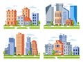Real estate buildings. City houses cityscape, town apartment house building and urban residential district vector