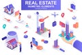 Real estate bundle of isometric elements. Skyscraper, office center, real estate agency, realtor with key, downtown