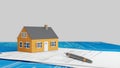 Real estate business, house building concept. Suburban house model with blueprints and legal papers. Digital render Royalty Free Stock Photo