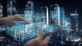 Real estate business investment and building technology. Hand holding digital tablet with buildings hologram Royalty Free Stock Photo