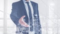 Real estate business man  offering hand for handshake , city skyline double exposure Royalty Free Stock Photo