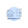 Buy property check mark option, real estate choice concept, choose house, insurance policy, vector stroke icon