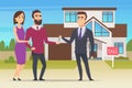 Real estate concept. Family couple buying new house or big appartment sales manager hands over the keys vector Royalty Free Stock Photo