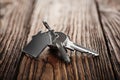 Real estate concept, Key ring and keys on wooden background Royalty Free Stock Photo