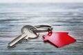 Real estate concept, Key ring and keys on wooden background Royalty Free Stock Photo