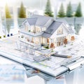 Real estate concept with a modern house model standing on blueprints Royalty Free Stock Photo
