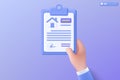 Real estate contract on 3D clipboard icon symbol. Mortage home, Purchase, Loan, lease, Rental and selling real estate business Royalty Free Stock Photo