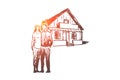 Real, estate, couple, house, buying concept. Hand drawn isolated vector.