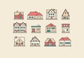 Real estate. Different buildings, houses. Minimalistic icons, logos. Colored graphic vector set Royalty Free Stock Photo