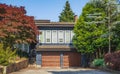 Real Estate Exterior Front House on a sunny day. Big custom made luxury house with nicely landscaped front yard