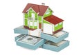 Real estate financial concept, house with packs of dollars. 3D r