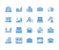 Real estate flat line icons set. House sale, commercial building, country home area, skyscraper, mall, kindergarten