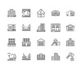 Real estate flat line icons set. House sale, commercial building, country home area, skyscraper, mall, kindergarten