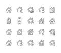 Real estate flat line icons set. House sale, home insurance, mortgage calculator, apartment search app, building Royalty Free Stock Photo