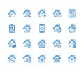 Real estate flat line icons set. House sale, home insurance, mortgage calculator, apartment search app, building Royalty Free Stock Photo