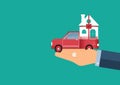 Real estate and Gift new home concept, Vector illustration of Businessman holding Model house with red ribbon on the car with on g Royalty Free Stock Photo