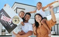 Real estate, house and portrait of family with sale poster and happy with home, mortgage and property investment. Smile