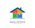 Real Estate House in Puzzle pieces logo design. Vector illustration Royalty Free Stock Photo