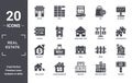 real.estate icon set. include creative elements as facade, billboard, juridical, villa, house decoration, property filled icons