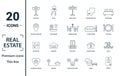 Real Estate icon set. Include creative elements for sale, rent sign, house location, living room, elevator icons. Can be used for Royalty Free Stock Photo