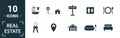 Real Estate icon set. Include creative elements for sale, rent sign, house location, living room, elevator icons. Can be used for