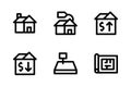 Icons of house, price, expensive house, cheap house, land, and blueprint.