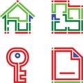 Real estate icons include house structure, floor plan, key and document with minus sign Royalty Free Stock Photo