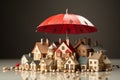 Real estate insurance concept depicted by wooden house model and umbrella holders Royalty Free Stock Photo