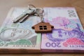 Real estate investing concept. Ukrainian hryvnia, cash or housing. Keys close up