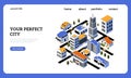 Real estate landing page. Smart city design. Construction plan of buildings. Website interface with buttons and copy