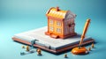 Real estate law, foreclosed property, lawyer services concept. 3d illustration of a house on a book