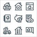 real estate line icons. linear set. quality vector line set such as chat, house, moving truck, print, savings, report, checklist,