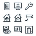 real estate line icons. linear set. quality vector line set such as elevator, chat, discount, cctv, increase, target, key, search Royalty Free Stock Photo