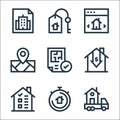 Real estate line icons. linear set. quality vector line set such as moving truck, chronometer, house, house, print, placeholder,