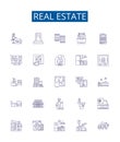 Real estate line icons signs set. Design collection of Property, Homes, Land, Houses, Investment, Agent, Broker, Market