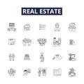 Real estate line vector icons and signs. Property, Broker, Homes, Land, Selling, Buy, Lease, Mortgage outline vector