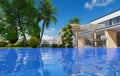 real estate luxury exterior design pool villa with interior design living room home, house ,sun bed.3d rendering Royalty Free Stock Photo