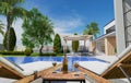 real estate luxury exterior design pool villa with interior design living room home, house ,sun bed.3d rendering Royalty Free Stock Photo