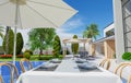 real estate luxury exterior design pool villa with interior design living room home, house ,sun bed.3d rendering Royalty Free Stock Photo