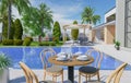 real estate luxury exterior design pool villa with interior design living room home, house ,sun bed.3d rendering Royalty Free Stock Photo