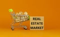 Real estate market symbol. Wooden blocks, words `Real estate market` on beautiful orange background. Shopping cart with miniatur Royalty Free Stock Photo