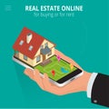 Real estate Online for buying or for rent. Man working with smartphone is looking for a house for buying or for rent